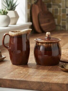 Vintage Hull Brown Ceramic Sugar And Creamer Made In USA Ovenproof